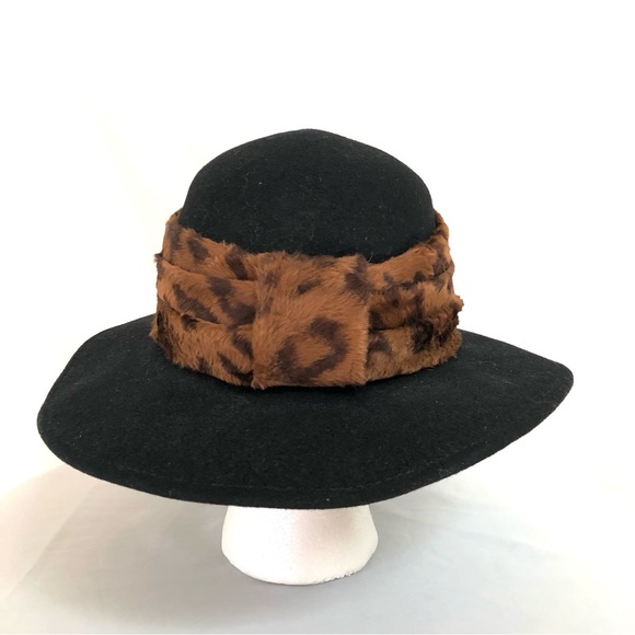 Sonni of San Francisco LANCASTER Wide Brim Black Wool Hat w/ Faux Fur Band - Picture 4 of 11